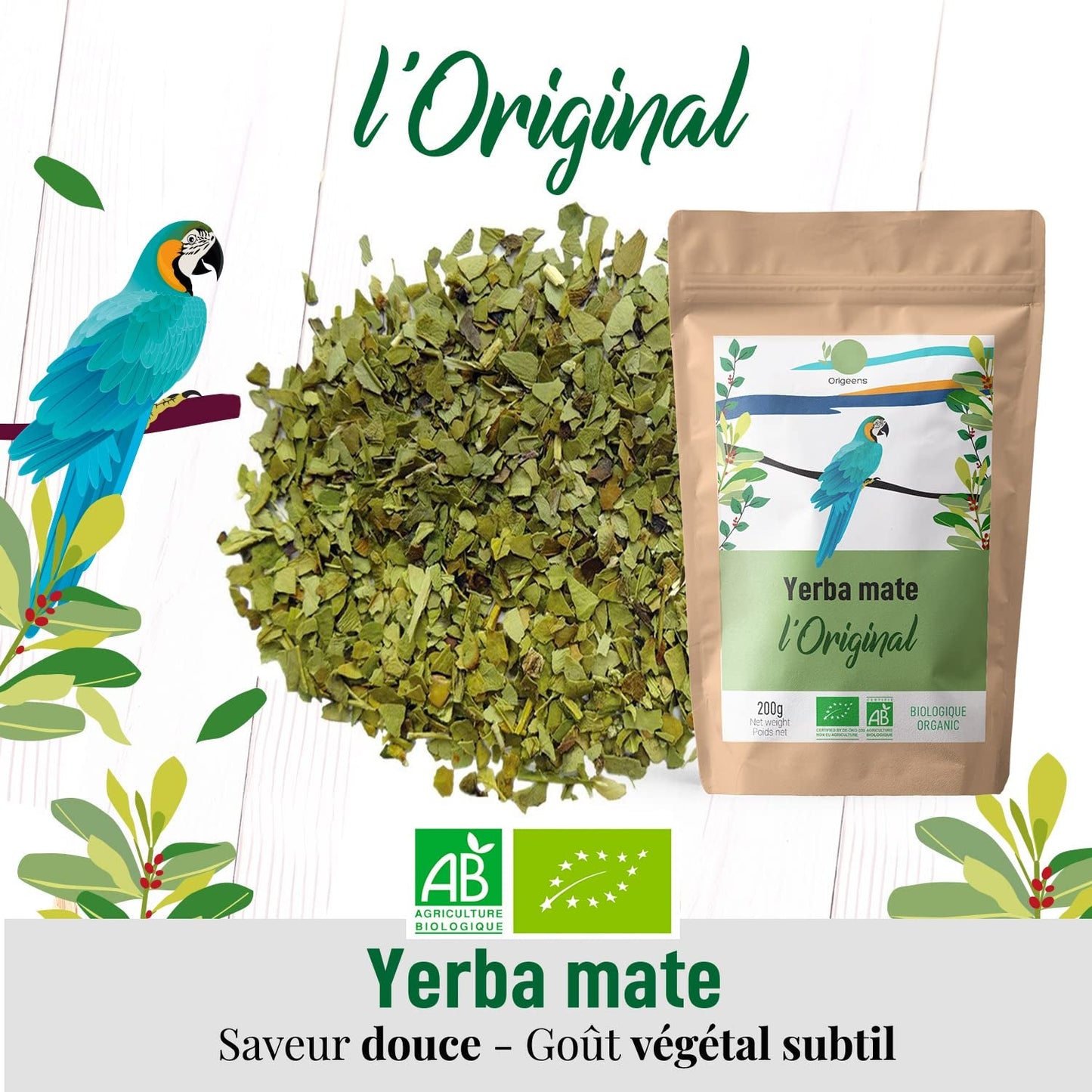 ORIGEENS BIO YERBA MATE TEA 200G - L'originale I Bio Yerba Mate non tostato, foglie, senza gambi, polvere e briciole I Bevanda energizzante e disintossicante