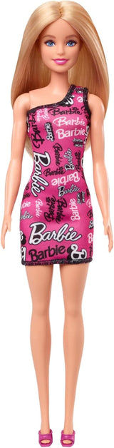 Bambola Barbie alla moda con capelli biondi lisci, abito rosa monospalla staccabile e scarpe con logo stampato, HRH07
