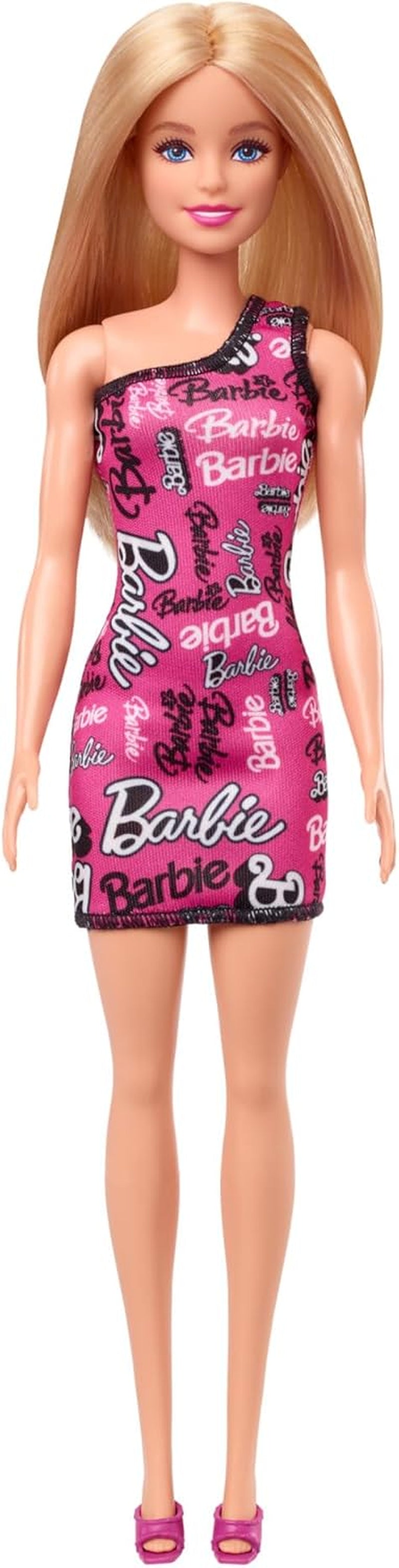 Bambola Barbie alla moda con capelli biondi lisci, abito rosa monospalla staccabile e scarpe con logo stampato, HRH07