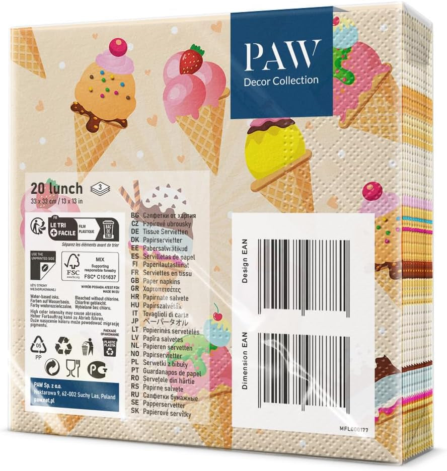 PAW - Tovaglioli 3 Veli (33 X 33 Cm) I 20 Pezzi I Perfetti per Feste, Compleanni, Festività I Decorazioni da Tavola per Feste per Bambini - Tovaglioli di Carta con Motivi Colorati - Gelato I Gelato