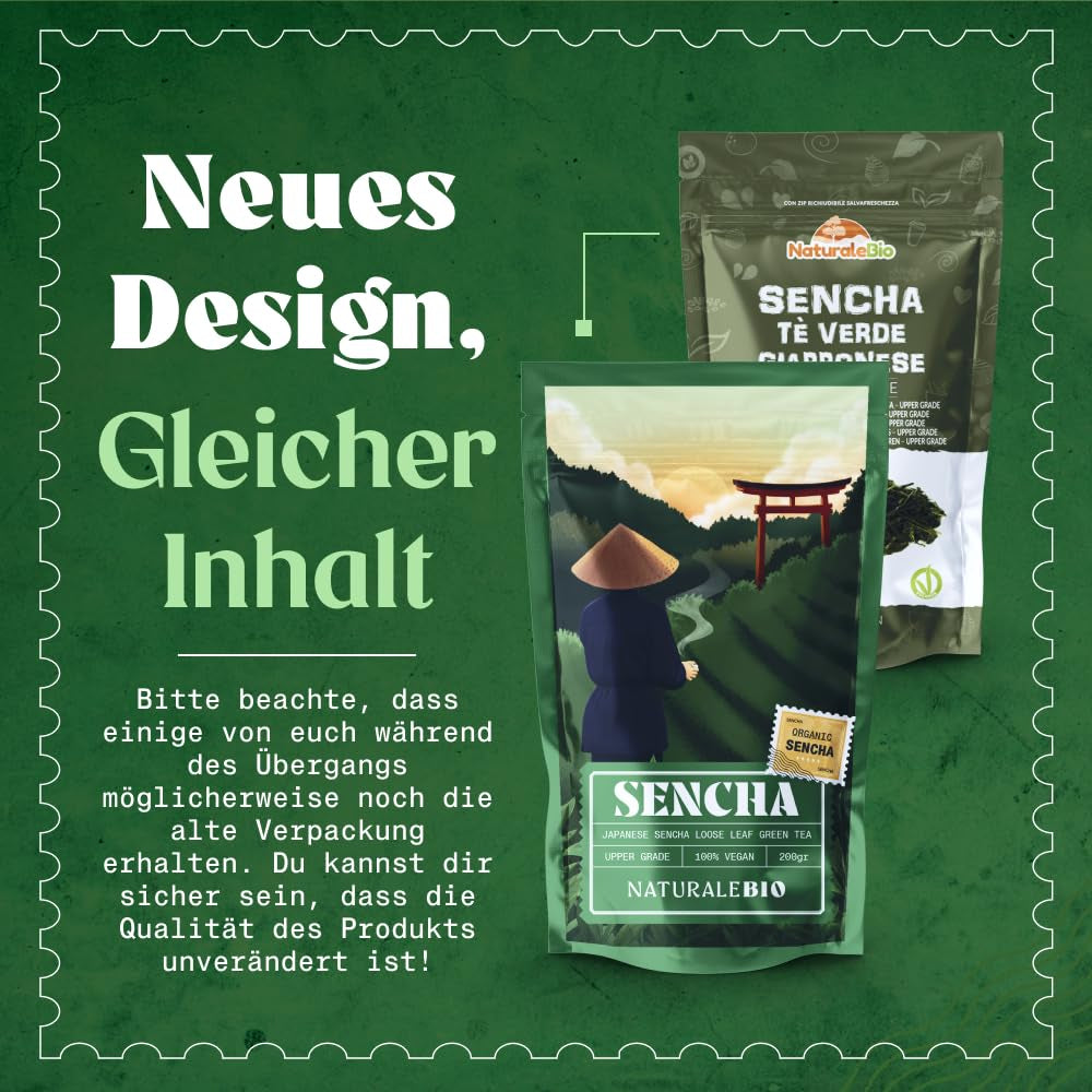 Naturalebio Tè giapponese Sencha - 200 g Tè verde biologico - Tè verde Sencha puro e naturale al 100% - foglie sfuse del primo raccolto - prodotto biologico coltivato in Giappone