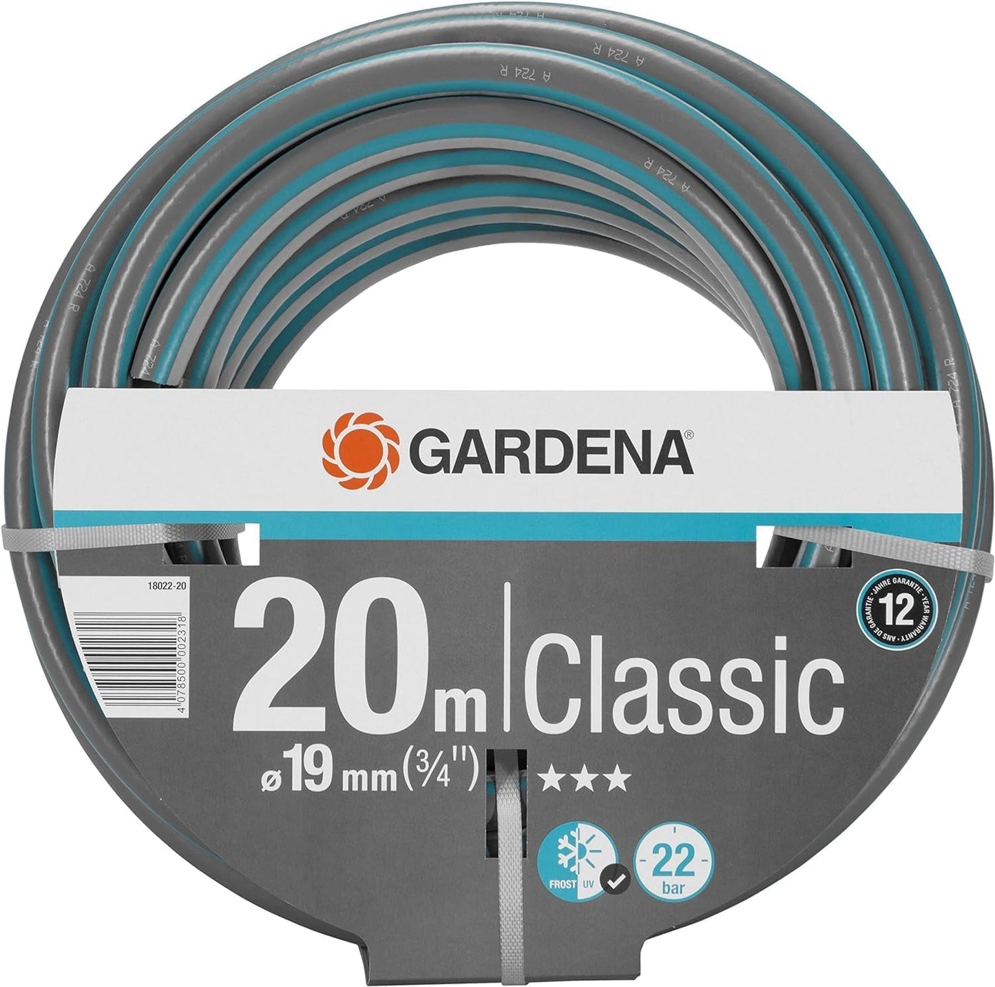 Tubo Gardena Classic 19 mm (3/4 pollici), 20 m: Tubo da giardino universale in tessuto robusto, intrecciato, pressione di scoppio 22 bar, resistente ai raggi UV, nessun componente di sistema, 12 anni di garanzia (18022-20)
