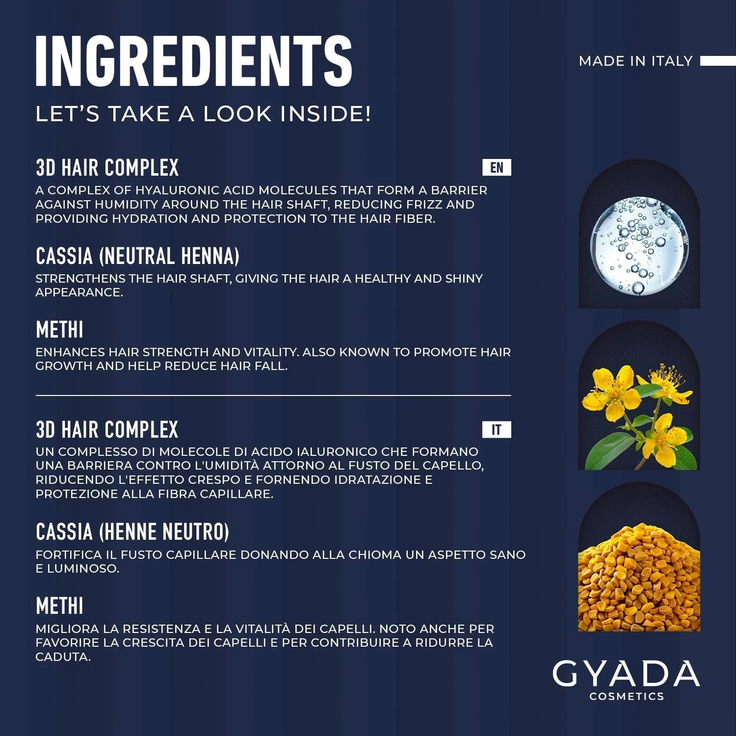 GYADA COSMETICS, Impacco Ayurvedico Rinforzante Ialurvedico, Trattamento Professionale per Capelli Fini e Deboli, Anticrespo con Methi, Maca, Henné Neutro, Maschera Capelli Naty Shop 200ml