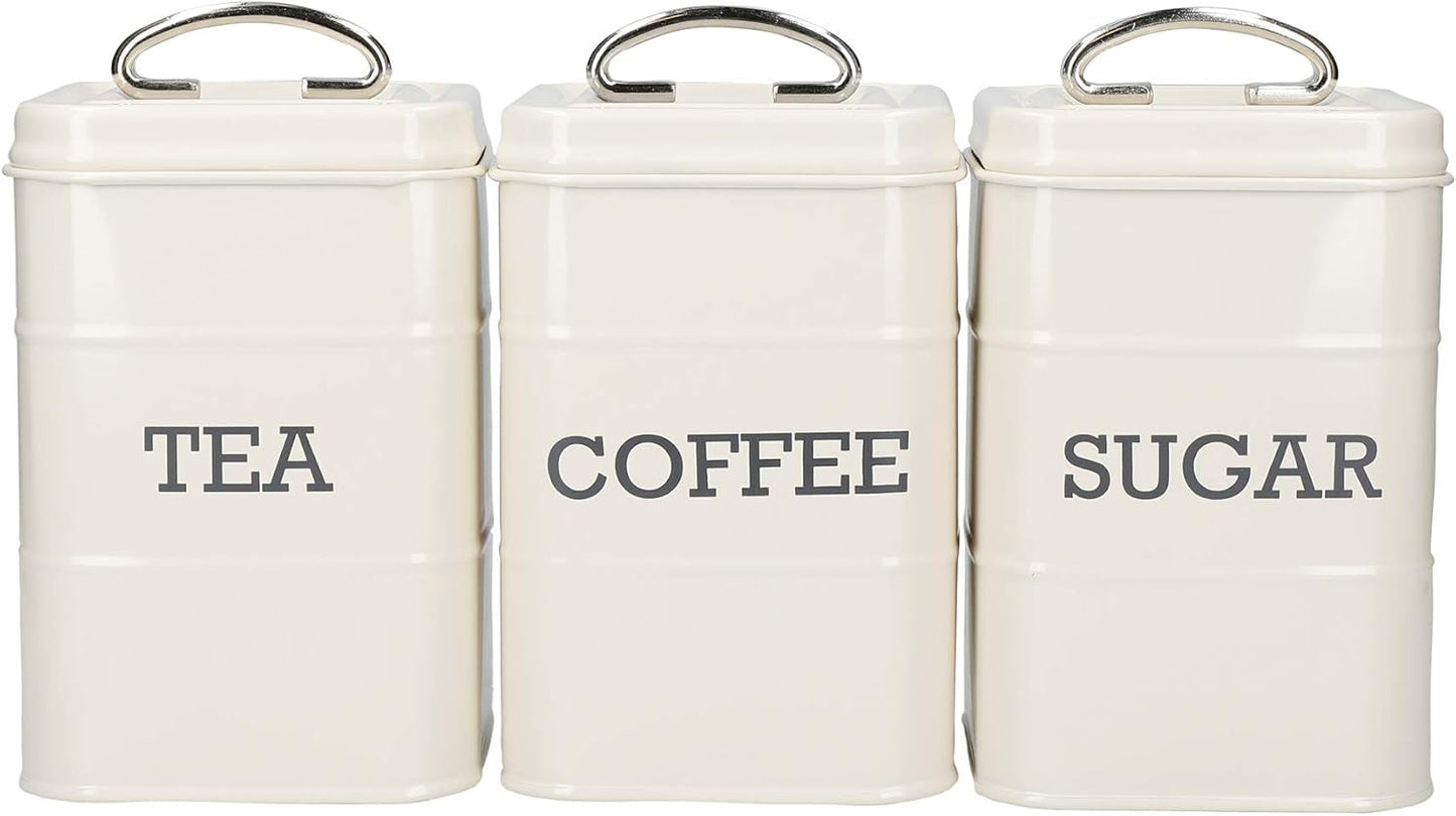 KitchenCraft Living Nostalgia Set di 3 barattoli per tè, zucchero e caffè, confezione regalo, in acciaio, color crema anticato, 11 cm x 11 cm x 17 cm, blu vintage, scatole per alimenti, Naty Shop, blu vintage.