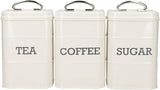 KitchenCraft Living Nostalgia Set di 3 barattoli per tè, zucchero e caffè, confezione regalo, in acciaio, color crema anticato, 11 cm x 11 cm x 17 cm, blu vintage, scatole per alimenti, Naty Shop, blu vintage.
