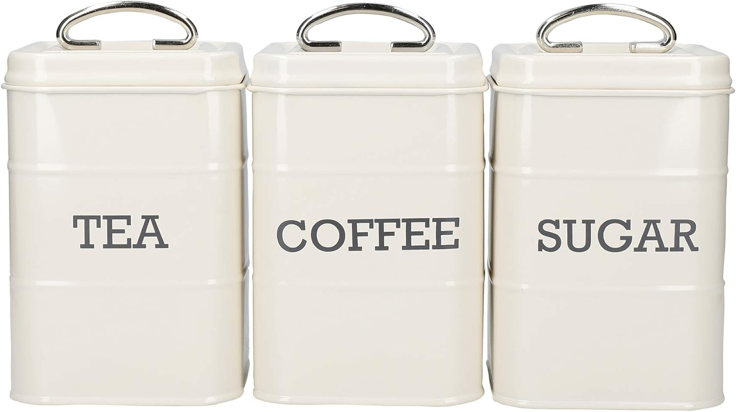 KitchenCraft Living Nostalgia Set di 3 barattoli per tè, zucchero e caffè, confezione regalo, in acciaio, color crema anticato, 11 cm x 11 cm x 17 cm, blu vintage, scatole per alimenti, Naty Shop, blu vintage.