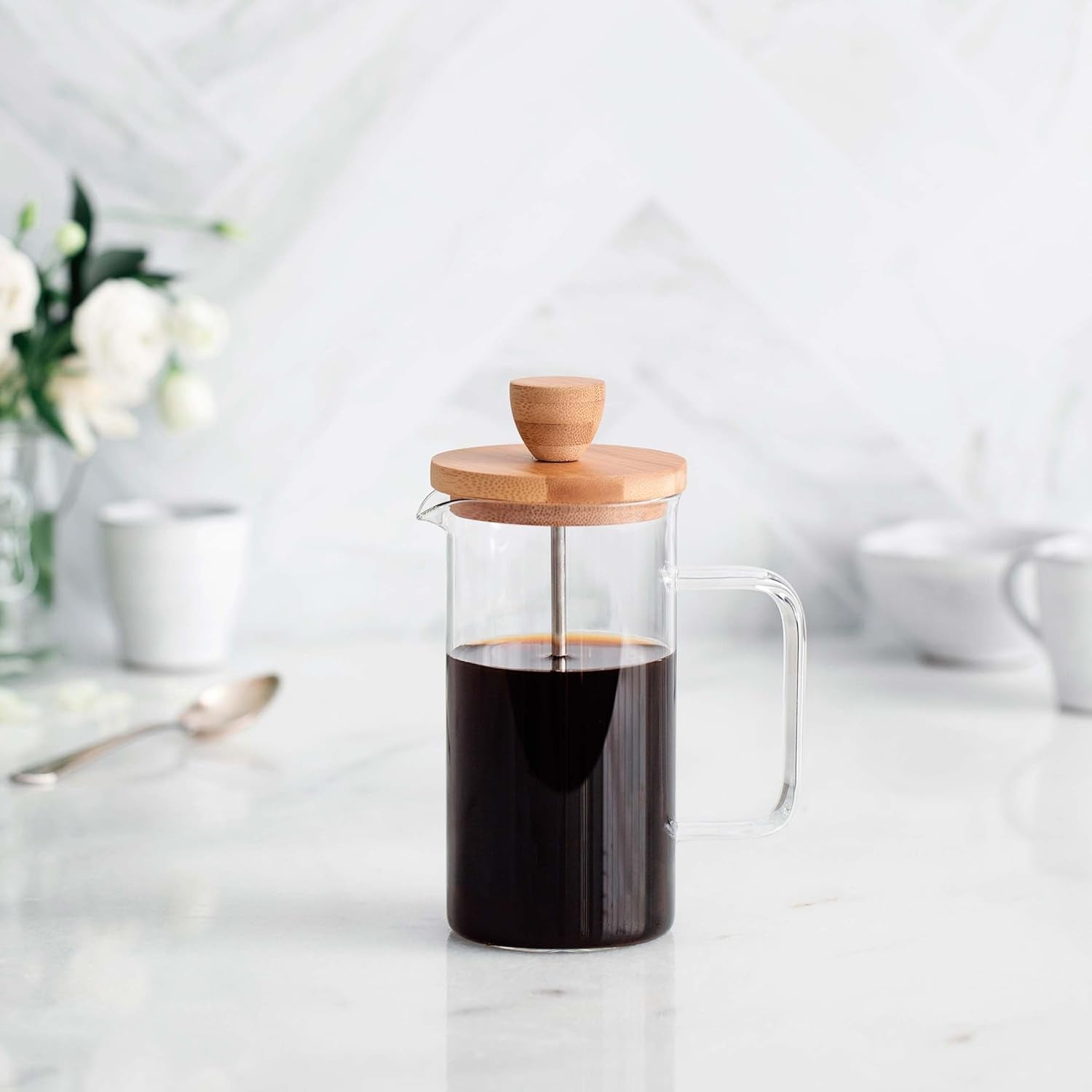 - Caffettiera francese, pressa caffè, caffettiera a pistone, caffettiera francese con filtro, 3 tazze, 0,35 l, acciaio e legno