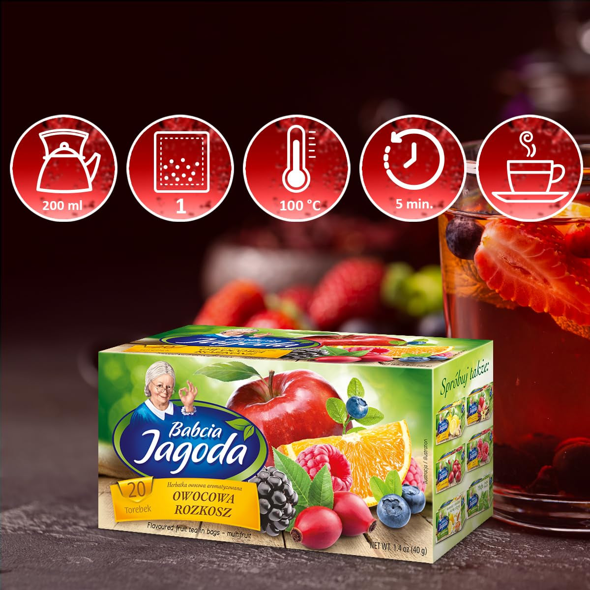 Babcia Jagoda - Tè alla frutta "Fruchtige Verführung" - 20 bustine di tè - Con ibisco, mela, aronia, mora, rosa canina, scorza d'arancia - Sapore intenso di frutta, senza caffeina, vegano, naturale, Cay - 40G