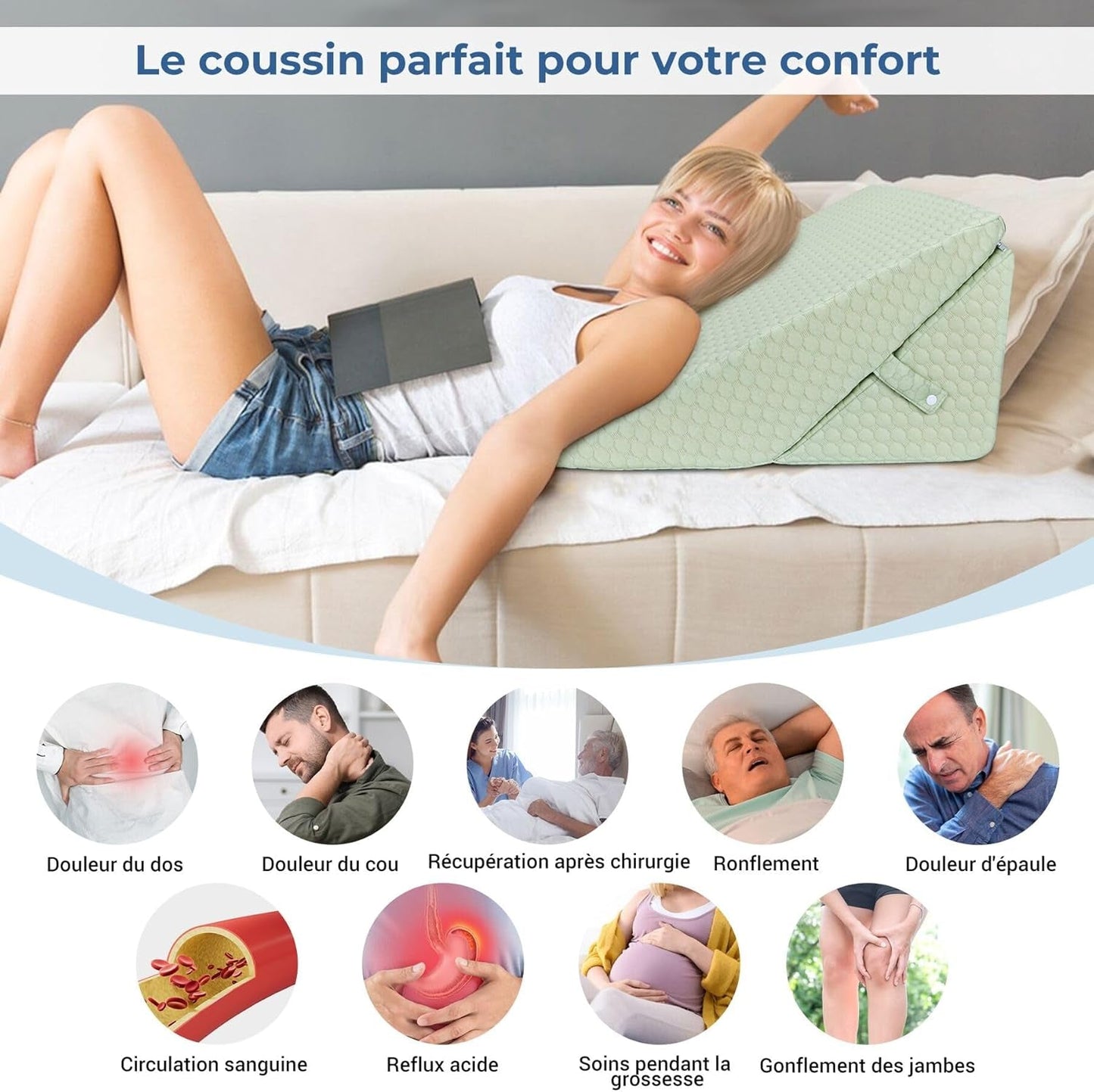 INFANZIA Cuscino a cuneo per letto, Cuscino angolare, Cuscino triangolare, Pieghevole, Memory Foam, Apnea notturna, Reflusso acido, Elevazione delle gambe, Lettura, Verde