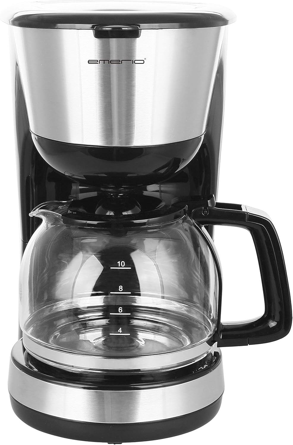 Emerio CME-122933, Macchina da caffè con filtro, 1,25 L per un massimo di 10 tazze di caffè fresco, filtro rimovibile permanente, funzione antigoccia, caraffa in vetro, spegnimento automatico, 1000 watt, nero/argento