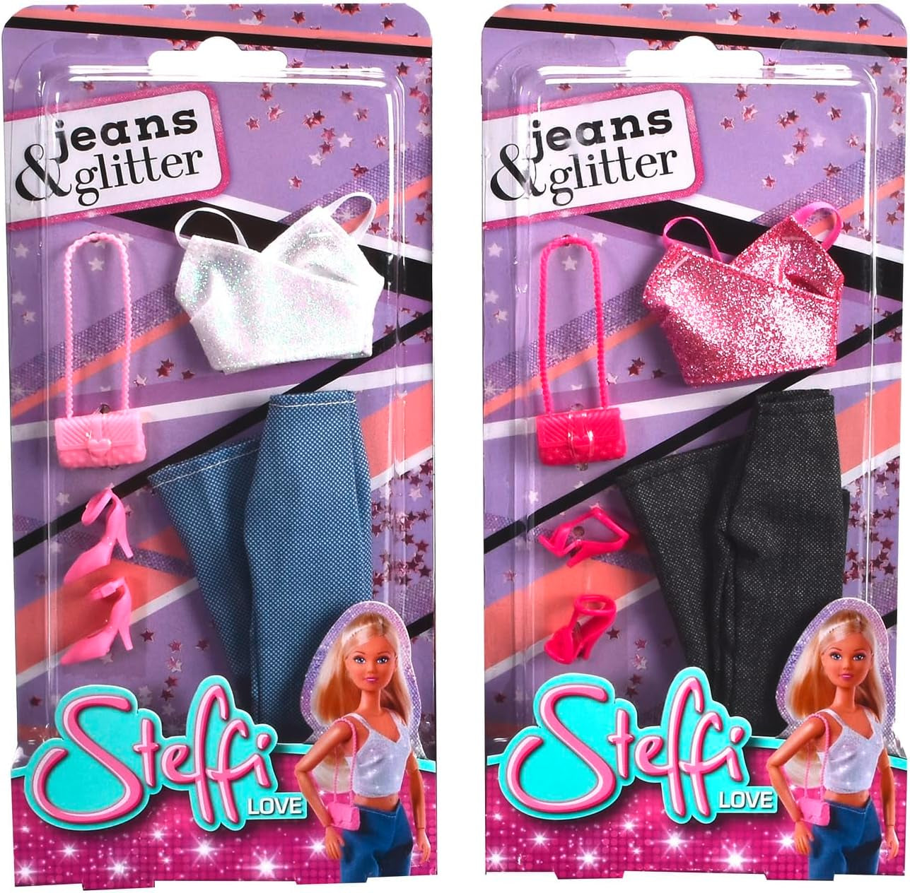 Simba Steffi Love Jeans e glitter abbinati in 2 modi UNO Articolo incluso Top glitterato con jeans e accessori moda per bambole da 29 cm Bambola non inclusa dai 3 anni in su