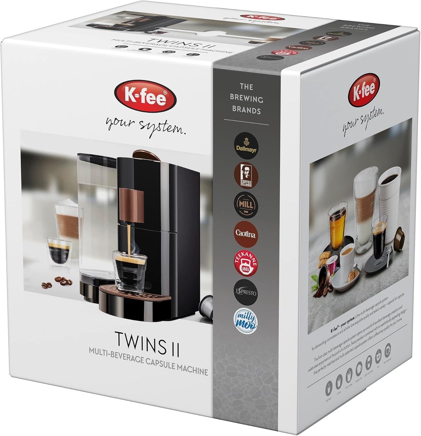 Macchina espresso a capsule K-FEE TWINS II per caffè, tè e cacao | Macchina per caffè espresso per tazze grandi | Riscaldamento rapido | Serbatoio dell'acqua da 2,3 l | 19 battute | Nero-rame