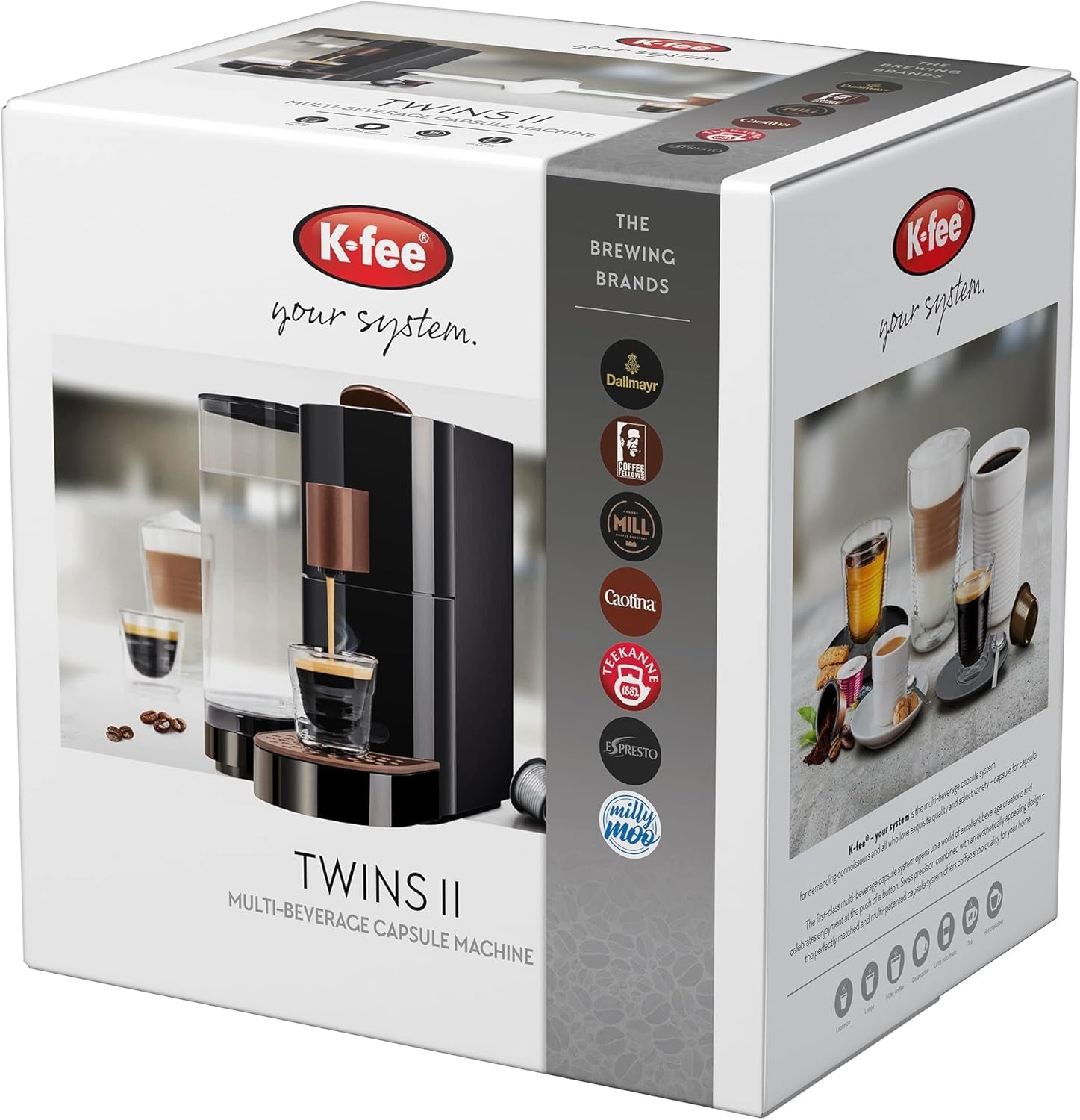 Macchina espresso a capsule K-FEE TWINS II per caffè, tè e cacao | Macchina per caffè espresso per tazze grandi | Riscaldamento rapido | Serbatoio dell'acqua da 2,3 l | 19 battute | Nero-rame