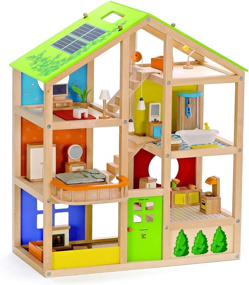 Hape E3401 Casa delle quattro stagioni, arredata e E3500 - Famiglia di bambole, pelle chiara