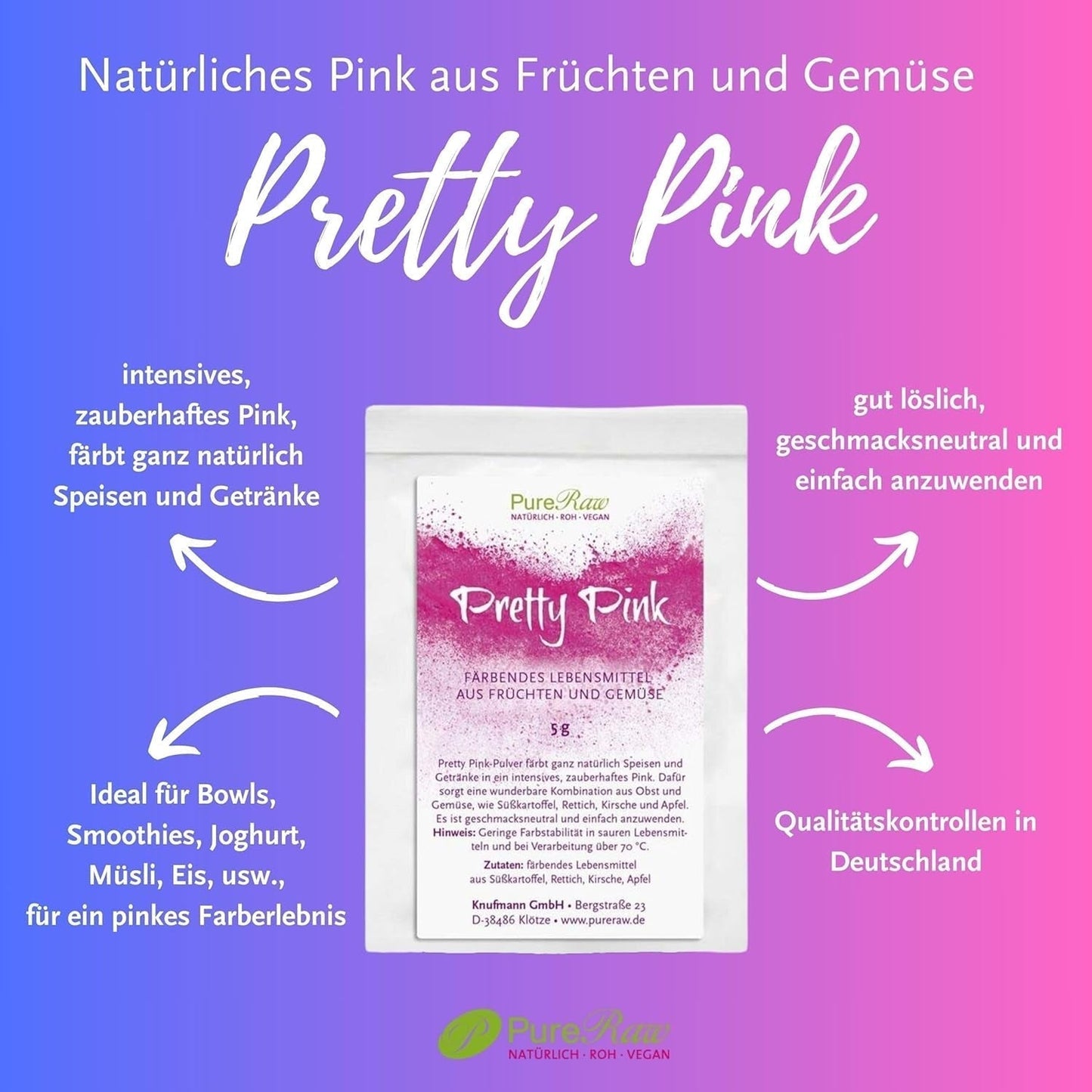 Pretty Pink Colore naturale naturale Pulver Rosa (Roh Vegan) Pastel Rose Bis Intensiv Rosa-Rot - Essbare Farbe Für Lebensmittel Aus Früchten und Gemüse - Colorante alimentare naturale | Negozio Pureraw 5G Naty