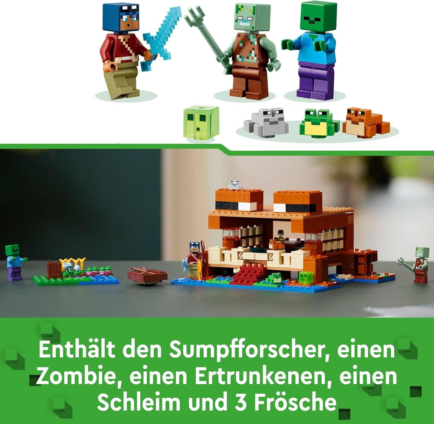LEGO Minecraft La casa della rana, casa giocattolo con personaggi tra cui zombie, melma e uomo che sta annegando, più accessori come barca giocattolo e banco da lavoro, regalo per ragazzi e ragazze a partire da 8 anni 21256 Set da costruzione Besuche den LEGO-Store