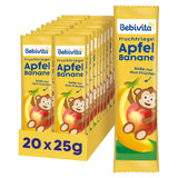 Barrette mela e banana (20 x 25g), dolcificate solo con frutta, perfetto spuntino fuori pasto, preparate con ingredienti rigorosamente controllati e selezionati.