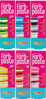 Set 6 paste coloranti Decocino - 6 x 20 g - Colorante alimentare rosso, rosa, verde, giallo, blu e nero, ideale per colorare torte, fondente e creme - Azo-free e senza glutine