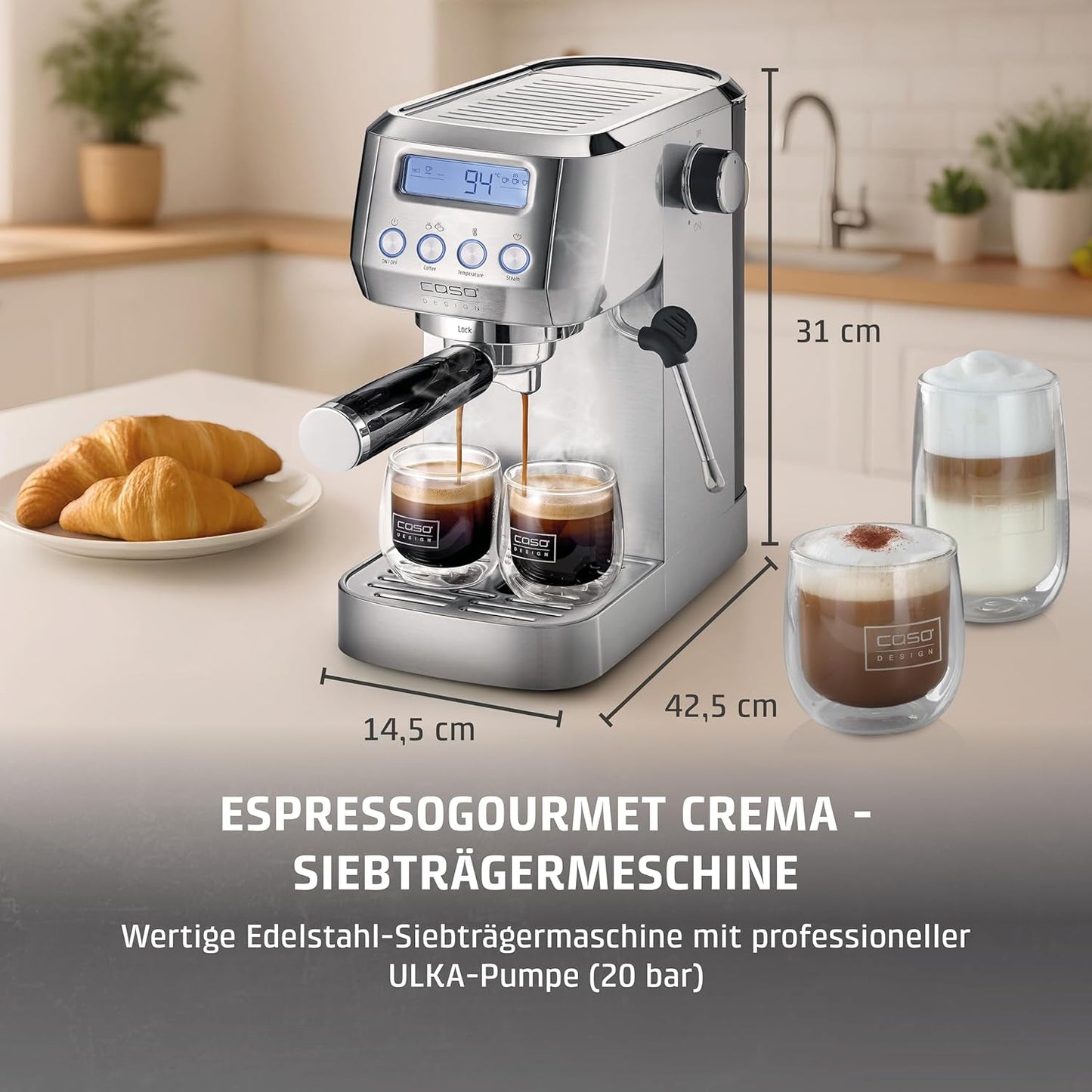 CASO EspressoGourmet Crema - Macchina per caffè espresso portafiltro con montalatte, espresso, cappuccino, portafiltro in acciaio inossidabile, pompa ULKA 20 bar, macchina da caffè, caffè macinato, capsule ESE