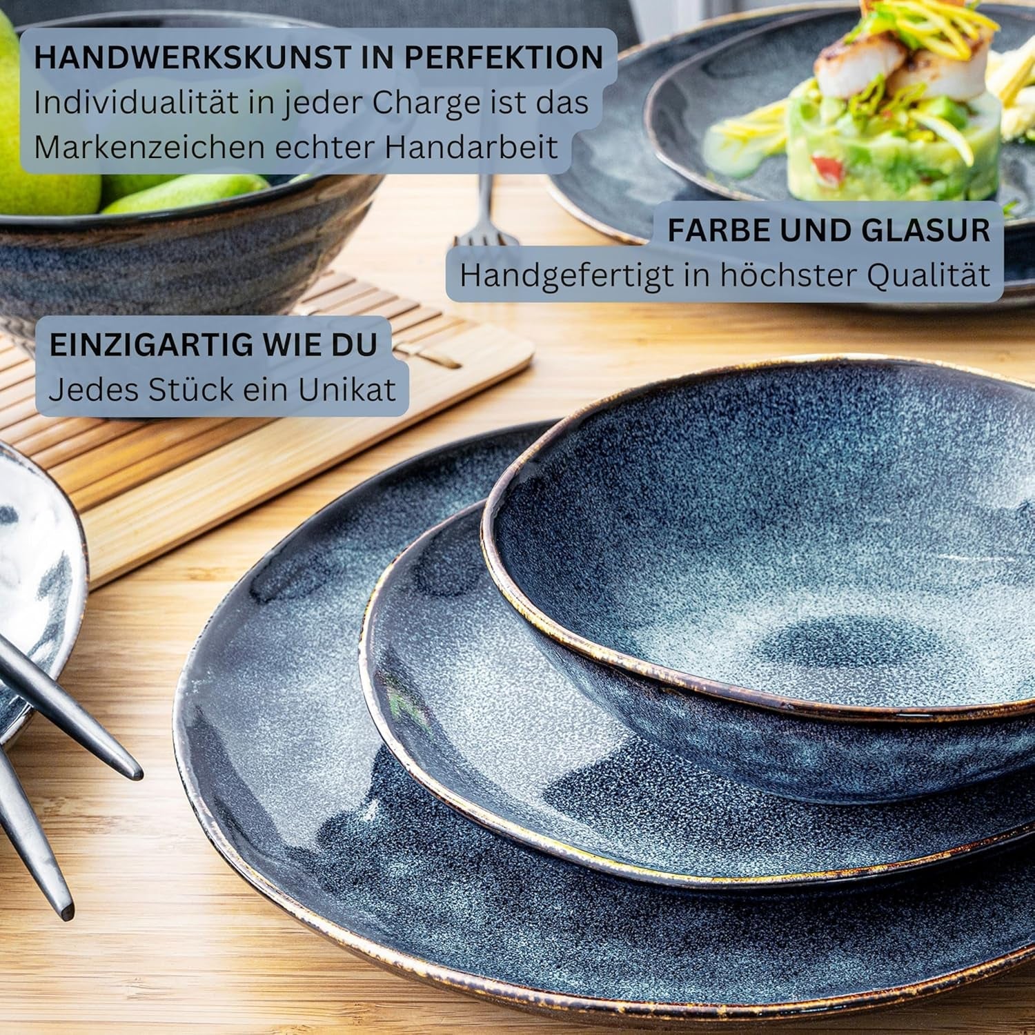 Sanger | Set di stoviglie Tokyo da 36 pezzi Set di stoviglie in porcellana per 12 persone Stoviglie moderne fatte a mano blu scuro con accenti neri | LA COLLEZIONE PREMIUM
