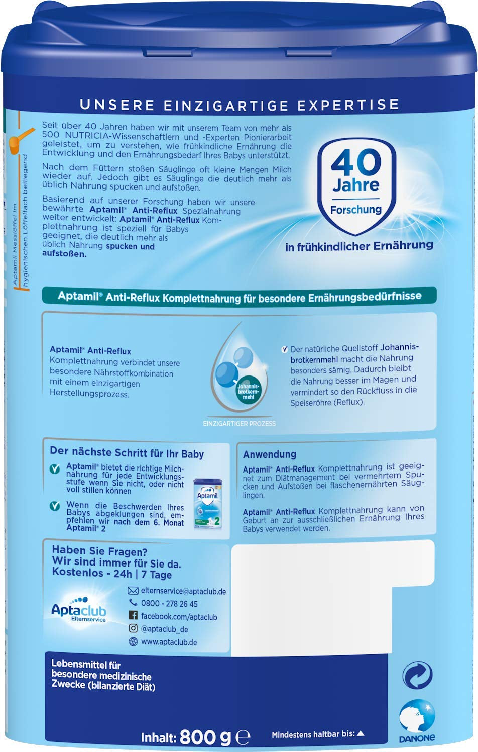 Aptamil Anti-Reflusso - Formula completa dalla nascita Gestione alimentare Vomito e rigurgito Alimenti per bambini Latte in polvere 1 x 800 g