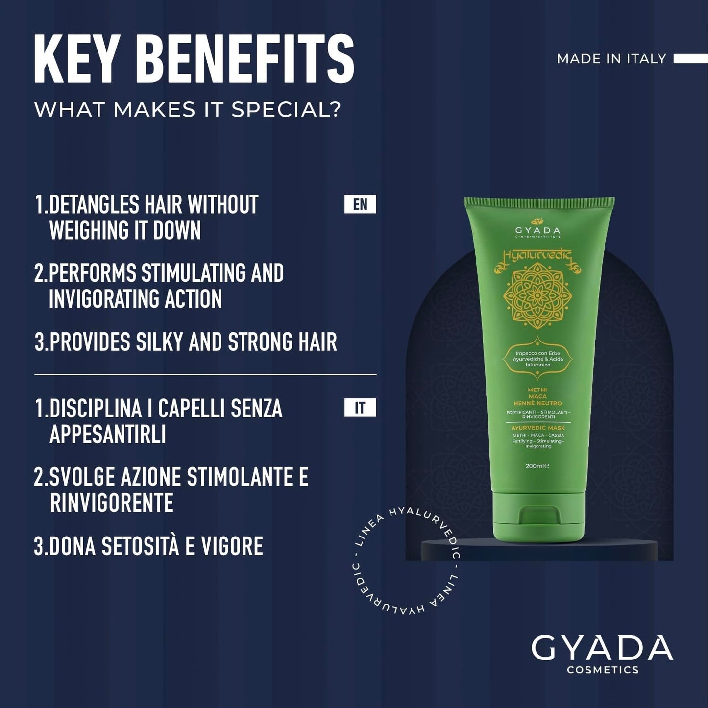 GYADA COSMETICS, Impacco Ayurvedico Rinforzante Ialurvedico, Trattamento Professionale per Capelli Fini e Deboli, Anticrespo con Methi, Maca, Henné Neutro, Maschera Capelli Naty Shop 200ml