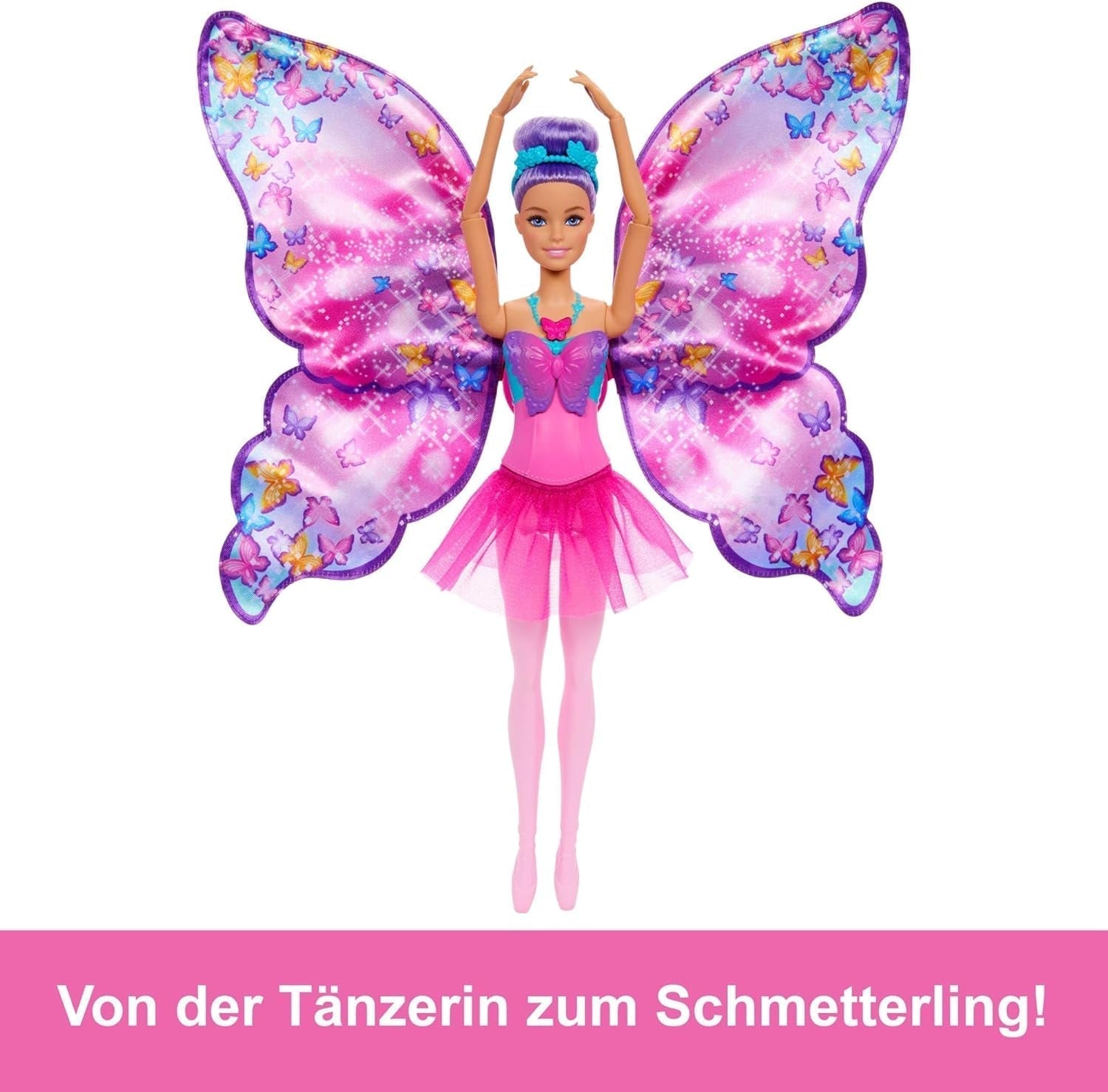 Barbie Dance And Flutter 2-in-1, bambola trasformabile da ballerina a farfalla, con ali apribili, capelli viola, gioielli per capelli e tutù staccabile, HXJ10 Naty Shop Dolls