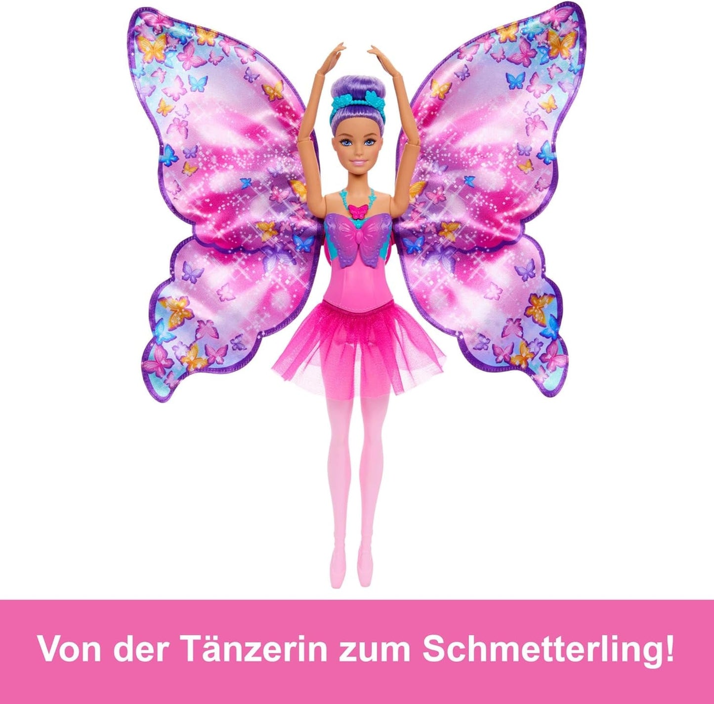 Barbie Ballerina e Farfalla 2 in 1 Trasformabile Ballerina in Farfalla con Ali Apribili, Capelli Viola, Accessori per Capelli e Tutù Staccabile, HXJ10