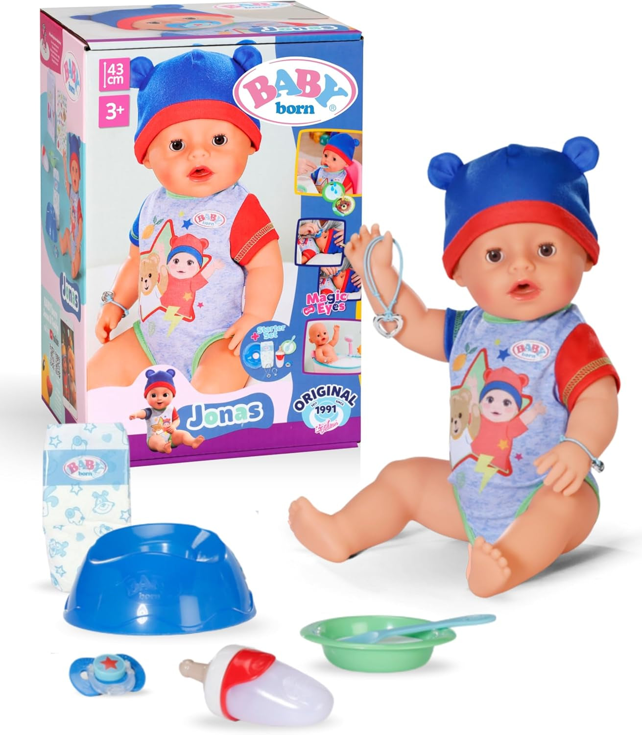 BABY Born Jonas - bambola baby 43 cm - 10 funzioni inclusi accessori e materasso - Funziona completamente senza batterie - Adatto a bambini dai 3 anni in su