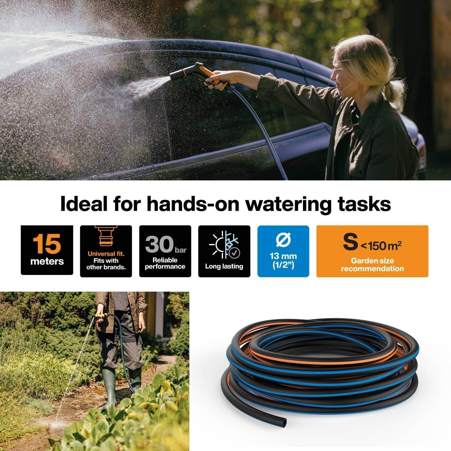 Fiskars Tubo da giardino S, Solido, Tubo dell'acqua per irrigazione manuale, 13 mm (1/2"), Lunghezza: 15 m, Collegamento universale, Protezione UV, Protezione antigelo, Resistente alla torsione, Blu, 1076049