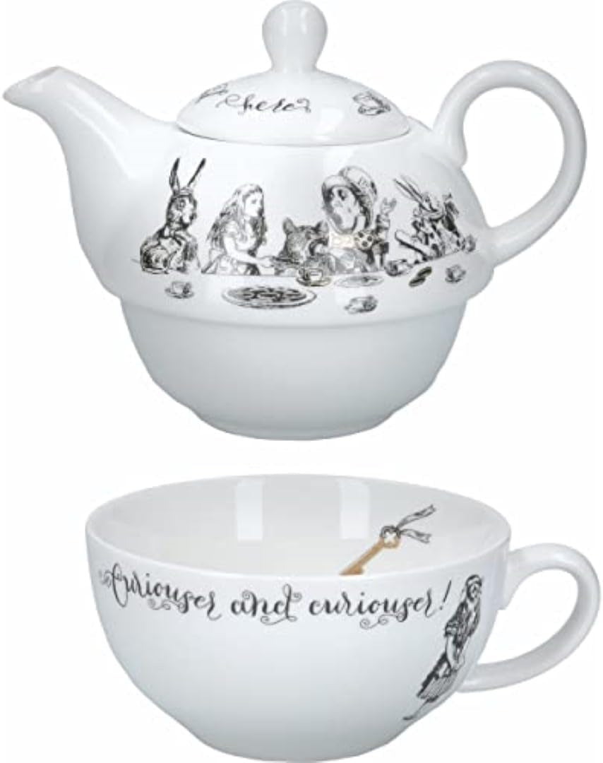 Set teiera e tazza Alice nel Paese delle Meraviglie per 1 persona in confezione regalo, servizio da tè in fine porcellana, bianco, 250ml