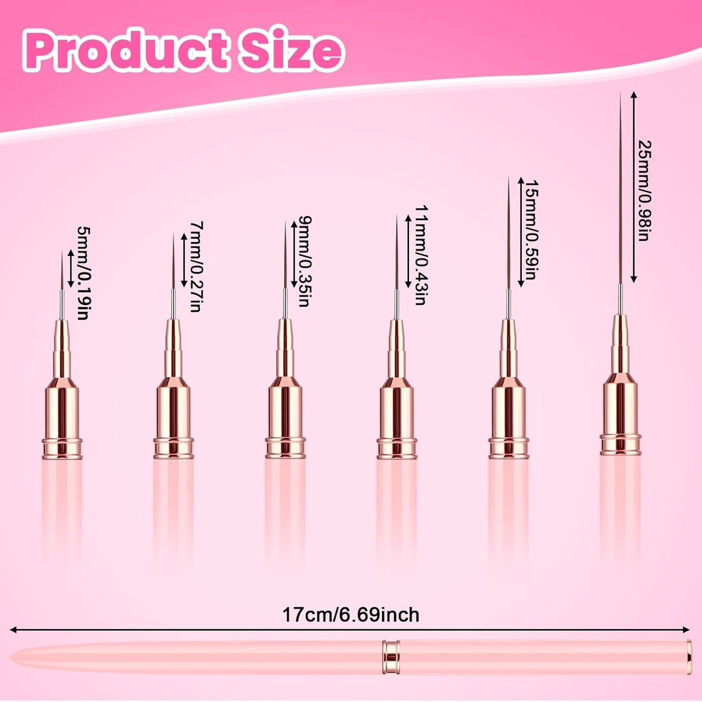6 pezzi Liner Nailart Pinsel Nageldesign Pinsel Set Dünn Acryl Nagelpunkt-Zeichenwerkzeug Nägel Dünne Nagelpinsel Set Für Lange Linien, Dünne Details, Feines Zichnen 5/7/9/11/15/25 Mm（Rosa）