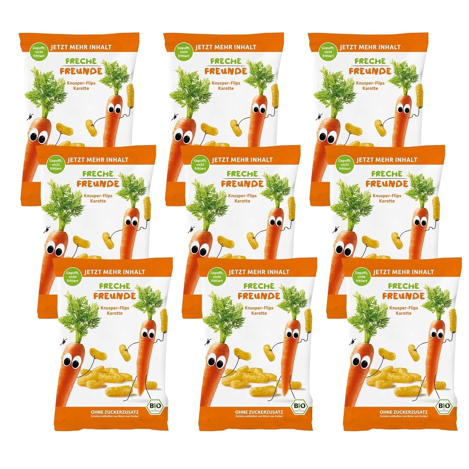Patatine di frutta biologica "100% Fragola" Patatine di frutta alla fragola liofilizzata (12 x 12 g) e nuove frittelle croccanti di mais e carote biologiche, snack biologico, da 1 anno, (9 x 30 g) 270 g