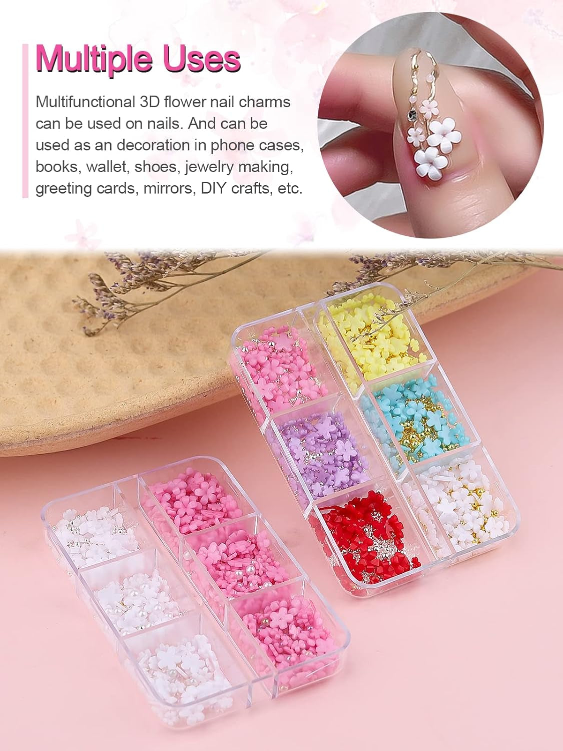 Kalolary Ciondoli per Nail Art Fiori, Fiori in Acrilico 3D per Unghie Cinque Petali Ornamenti Floreali Gemme per Unghie Strass Perline in Metallo Misto per Creazione di Gioielli Fai da Te Nail Art Design (2 Scatole)