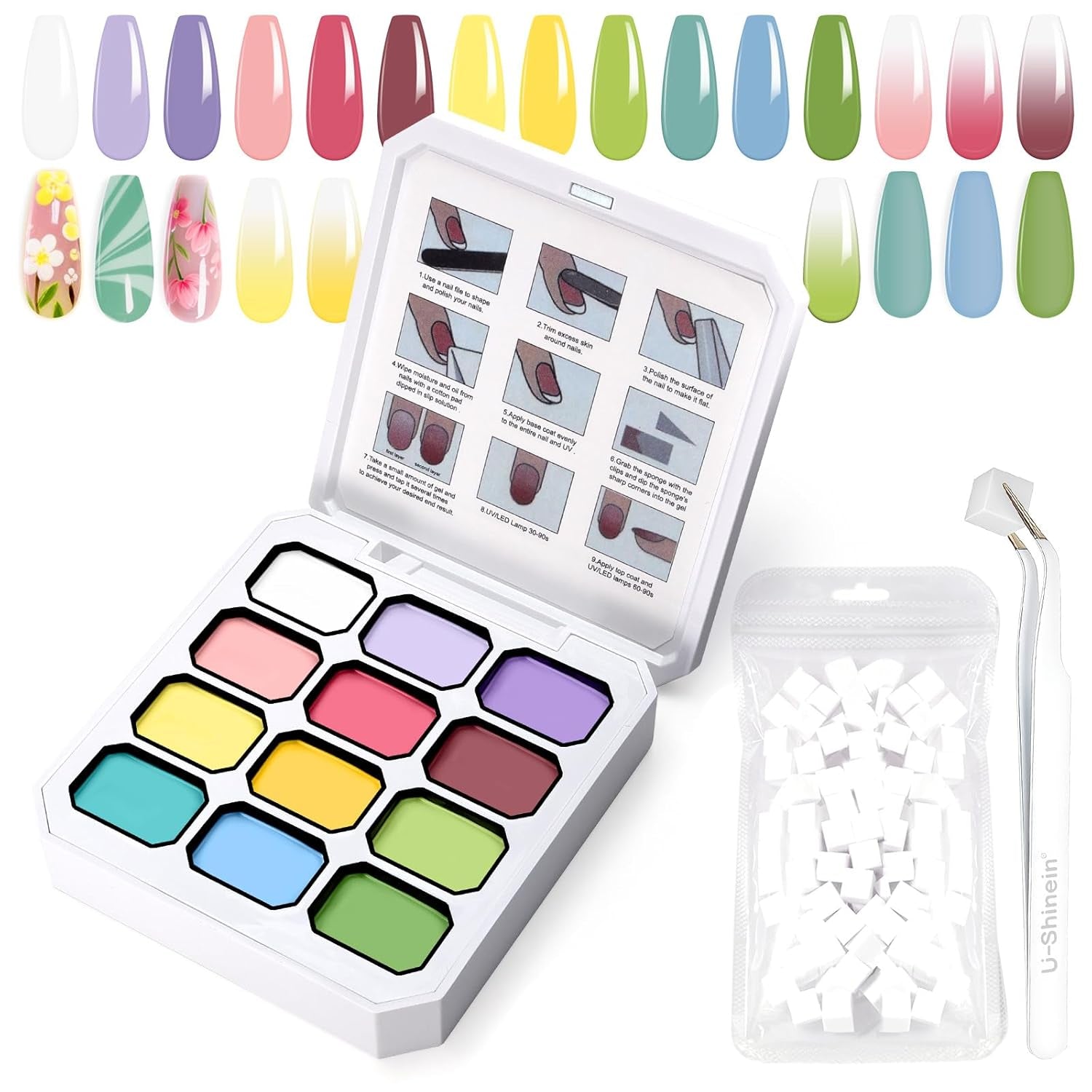 Gel per pittura sfumata, 12 colori di smalto gel sfumato con 100 spugne per unghie e 4 artigli in metallo per french manicure, nail art fai da te, set I