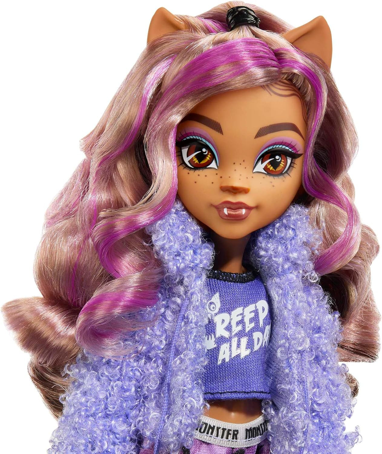 MONSTER HIGH Accessori per bambole e pigiama party, bambola Clawdeen Lupo con gatto domestico, mezzaluna, festa Creepover, HKY67