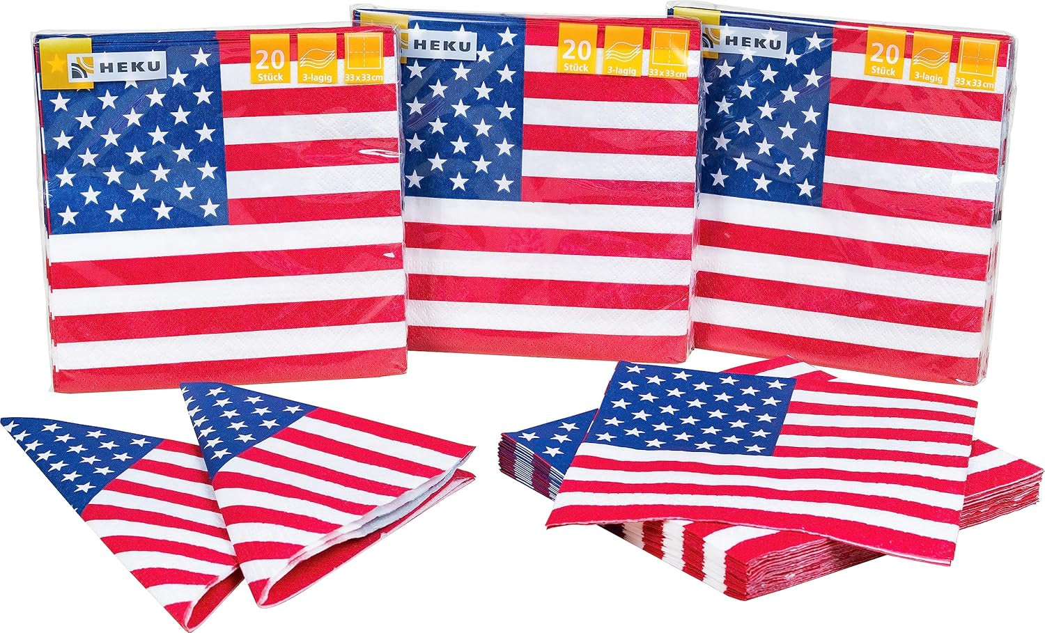 HEKU 191 pz. Set Party USA I Piatti di Carta Ø23Cm, Bicchieri Rossi, Tovaglioli 3 Veli 33X33Cm, Scegli Decorazioni, Catena Gagliardetti 10M I Perfetto per feste a tema e festività nazionali