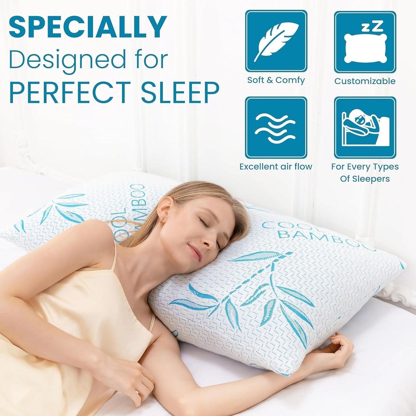 Comfysleep Cuscino King Size in Viscosa di Bambù, Memory Foam Triturato e rinfrescante, Fodera Removibile/Lavabile in Viscosa di Bambù Regolabile, 2 Pezzi Naty Shop Cuscini Standard
