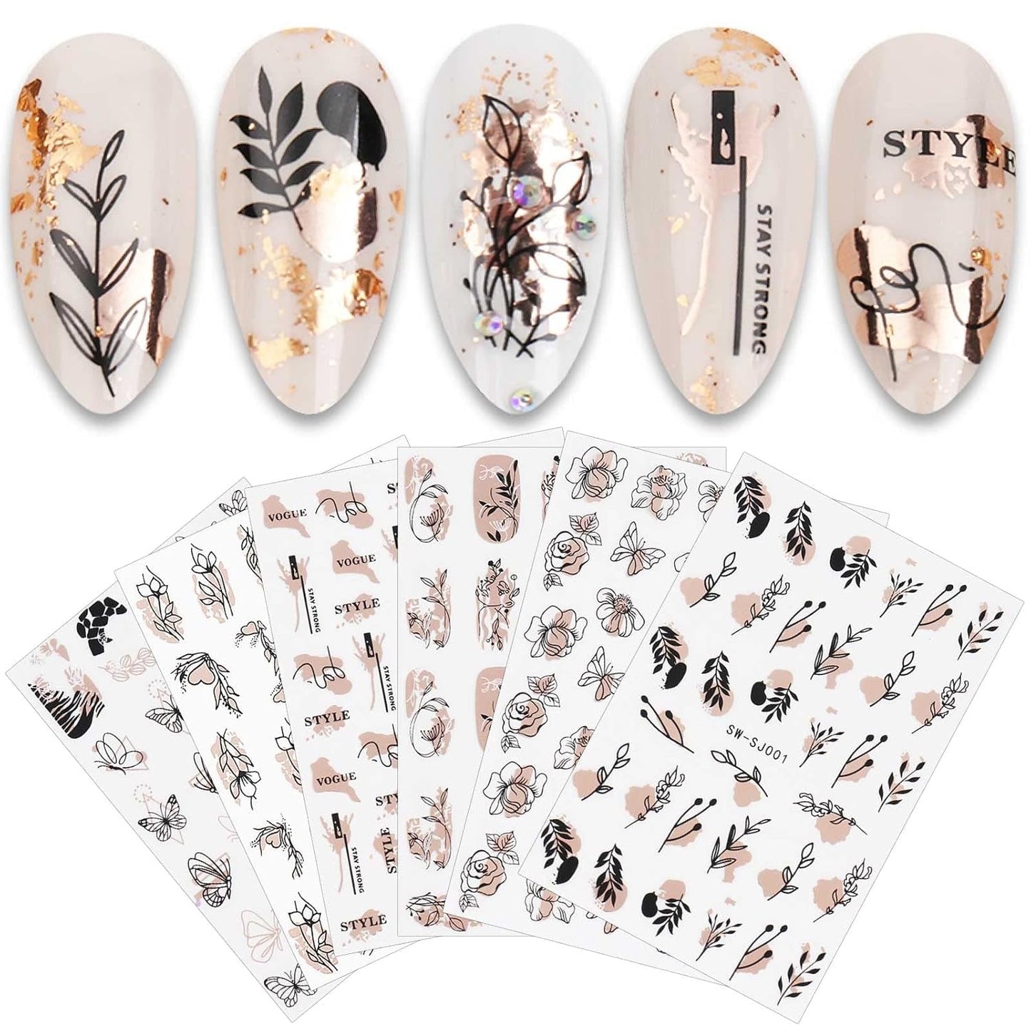 JMEOWIO Nagelsticker Rose Gold Schwarze Blume 12 Blatt Nail Art Sticker Selbstklebend Nagelaufkleber Frühlings Linie Abstract Blatt Dekoration Nageldesign Zubehör