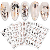 JMEOWIO Nagelsticker Rose Gold Schwarze Blume 12 Blatt Nail Art Sticker Selbstklebend Nagelaufkleber Frühlings Linie Abstract Blatt Dekoration Nageldesign Zubehör