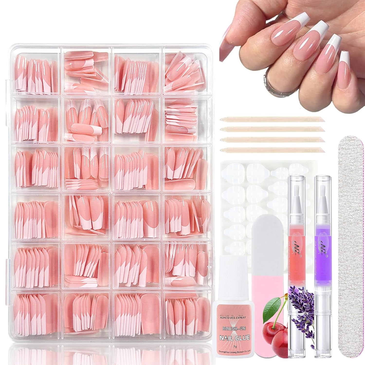 Set di 360 unghie finte ballerina sfumata, unghie artificiali incollate con sfumatura rosa bianca con 2 penne a olio per unghie, unghie finte medie sfumate per donne fai da te