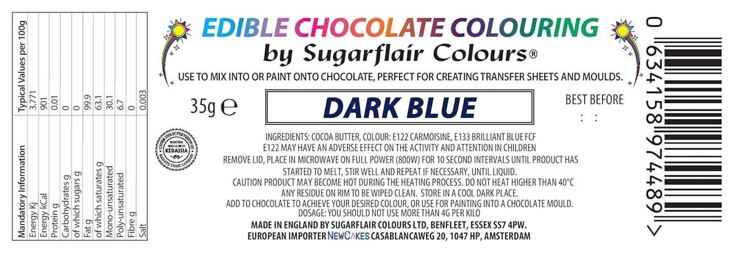 Colorante alimentare Sugarflair Chocolate Colorante alimentare per cioccolato, blu scuro - Burro di cacao colorato, Colorante per cioccolato per colorare il cioccolato, Pralina - 35g
