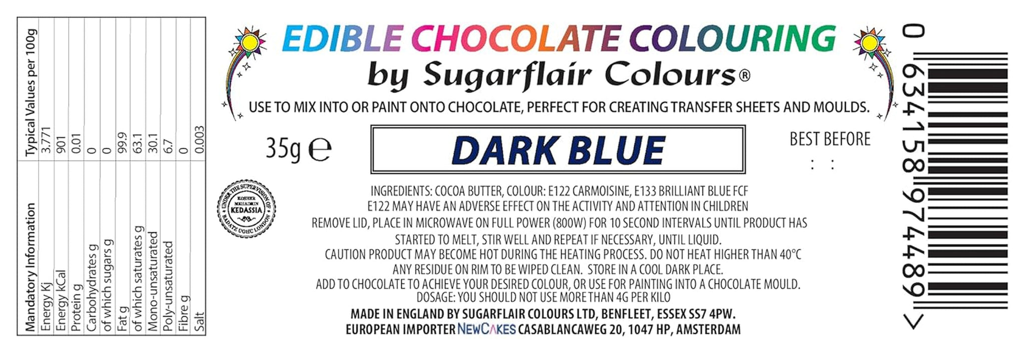 Colorante alimentare Sugarflair Chocolate Colorante alimentare per cioccolato, blu scuro - Burro di cacao colorato, Colorante per cioccolato per colorare il cioccolato, Pralina - 35g