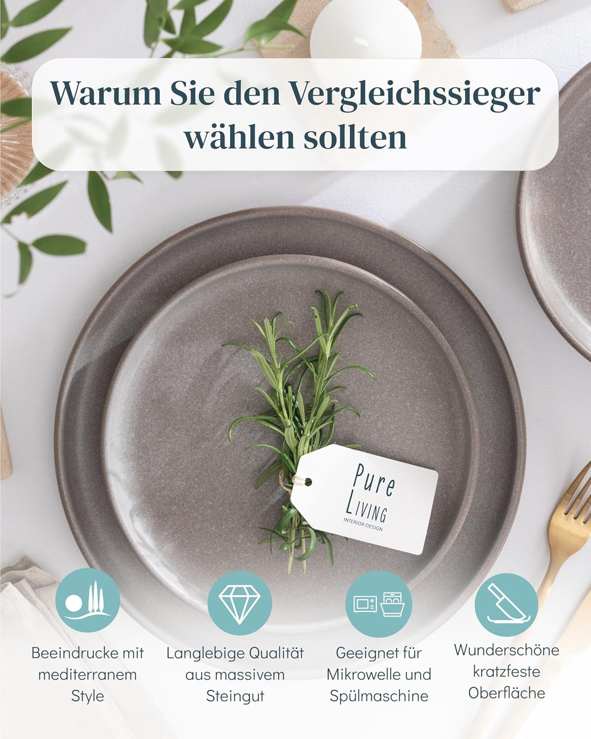 Set di stoviglie in gres per 12, 36 pezzi, stile urbano, alta qualità, TEST MOLTO BUONO, Set di stoviglie in gres - Set di ciotole e piatti - Servizio da tavola per 12, Set di stoviglie Pure Living in grigio-marrone opaco