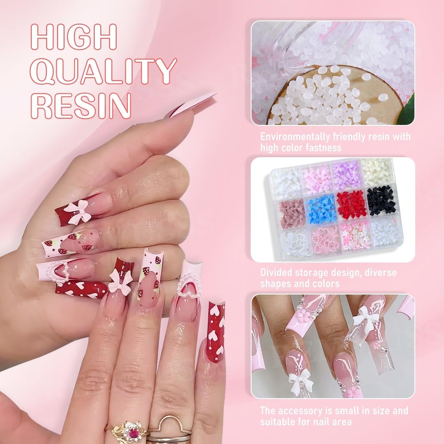 Decorazioni per nail art 3D, 1 scatola di ciondoli per nail art, ciondoli per nail art con fiore e cuore in stile misto, decorazioni in resina per nail art, per decorazioni per nail art, accessori artigianali fai da te
