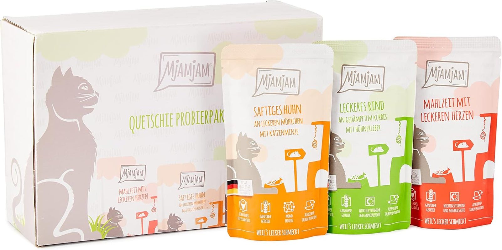 MjAMjAM - Cibo umido premium per gatti - Confezione mista I - Pollo, manzo, cuori Confezione da 12 (12 x 125 g), senza cereali con carne extra