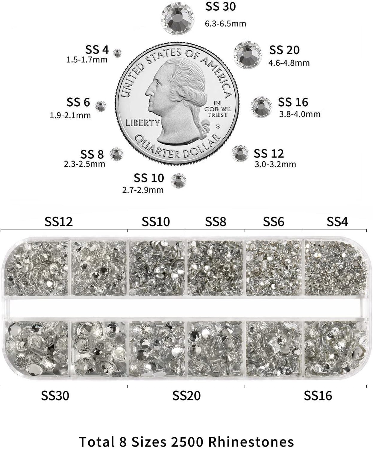 Beadsland 2500 pezzi di vetro per nail art strasssteine ​​​​Kristall Flatback Edelsteine ​​​​Runde, ​​für Handwerk Gemischt 8 Größen SS4 ~ SS30 con picking Pinzette e Stift (Kristall Weiss)