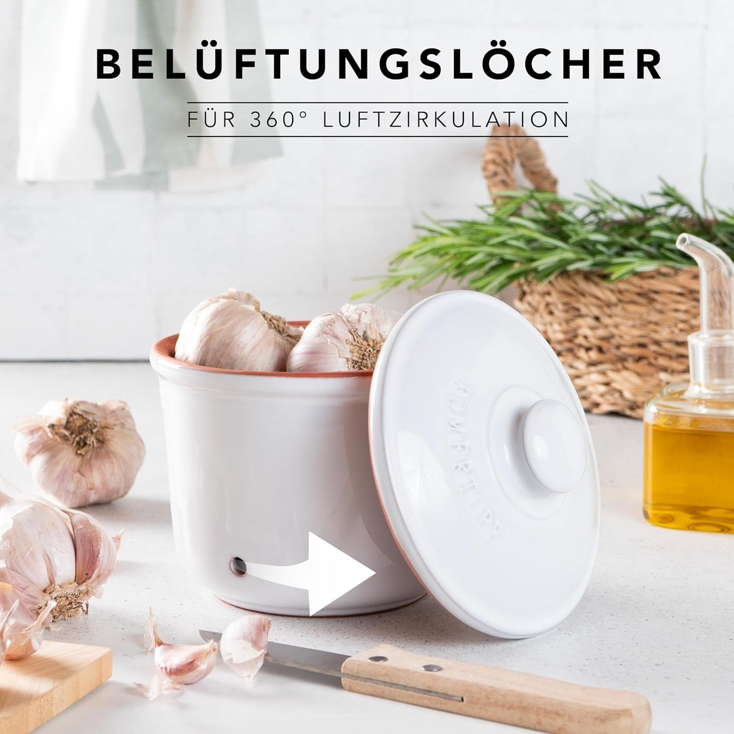 Römertopf Fresh Pot MINI 0,6 litri - Pentola per aglio in ceramica - L'argilla traspirante mantiene le verdure fresche più a lungo - Circolazione dell'aria ideale - Contenitori per alimenti bianchi Naty Shop
