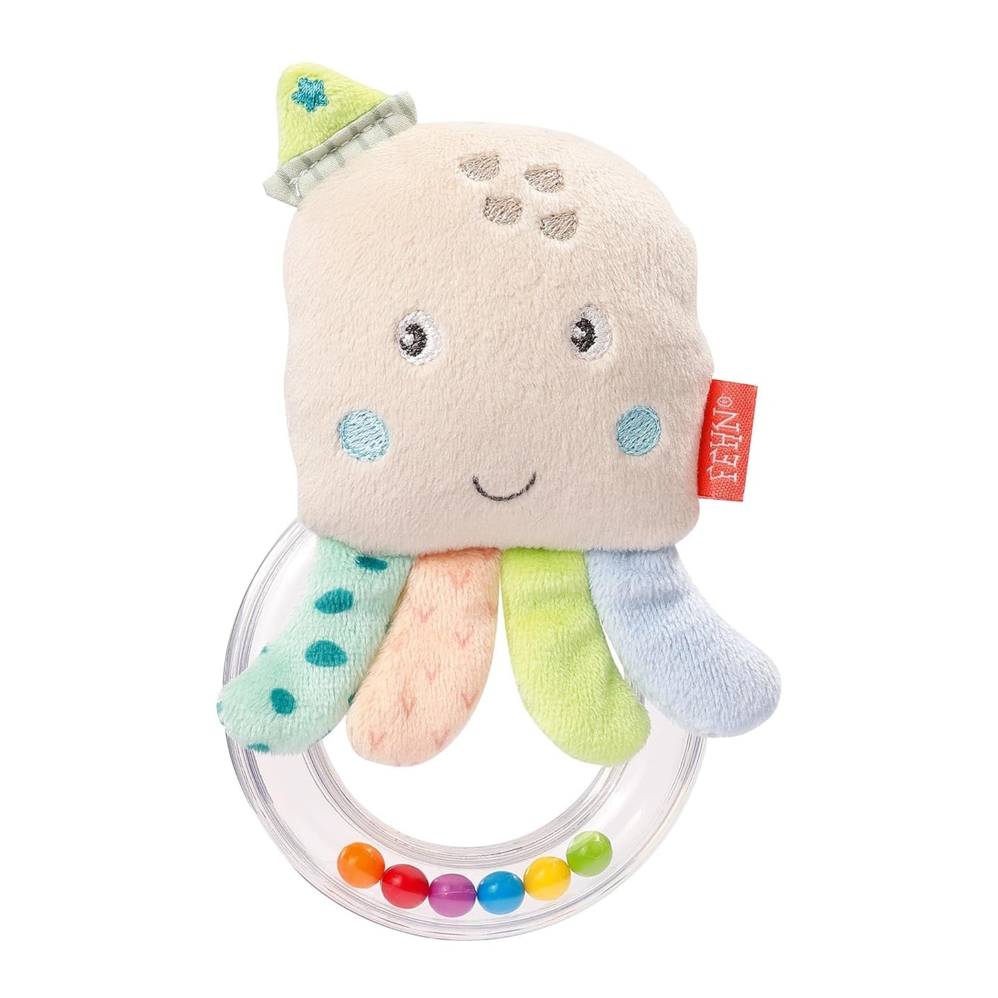 Fehn Polpo Giocattolo Campana ad Anello - Sonaglio, Squittio, Sensazione di Capacità Motorie - Peluche per Bambini in Tessuto Morbido - Giocattolo per Neonati e Bambini 0+ Mesi Naty Shop Octopus