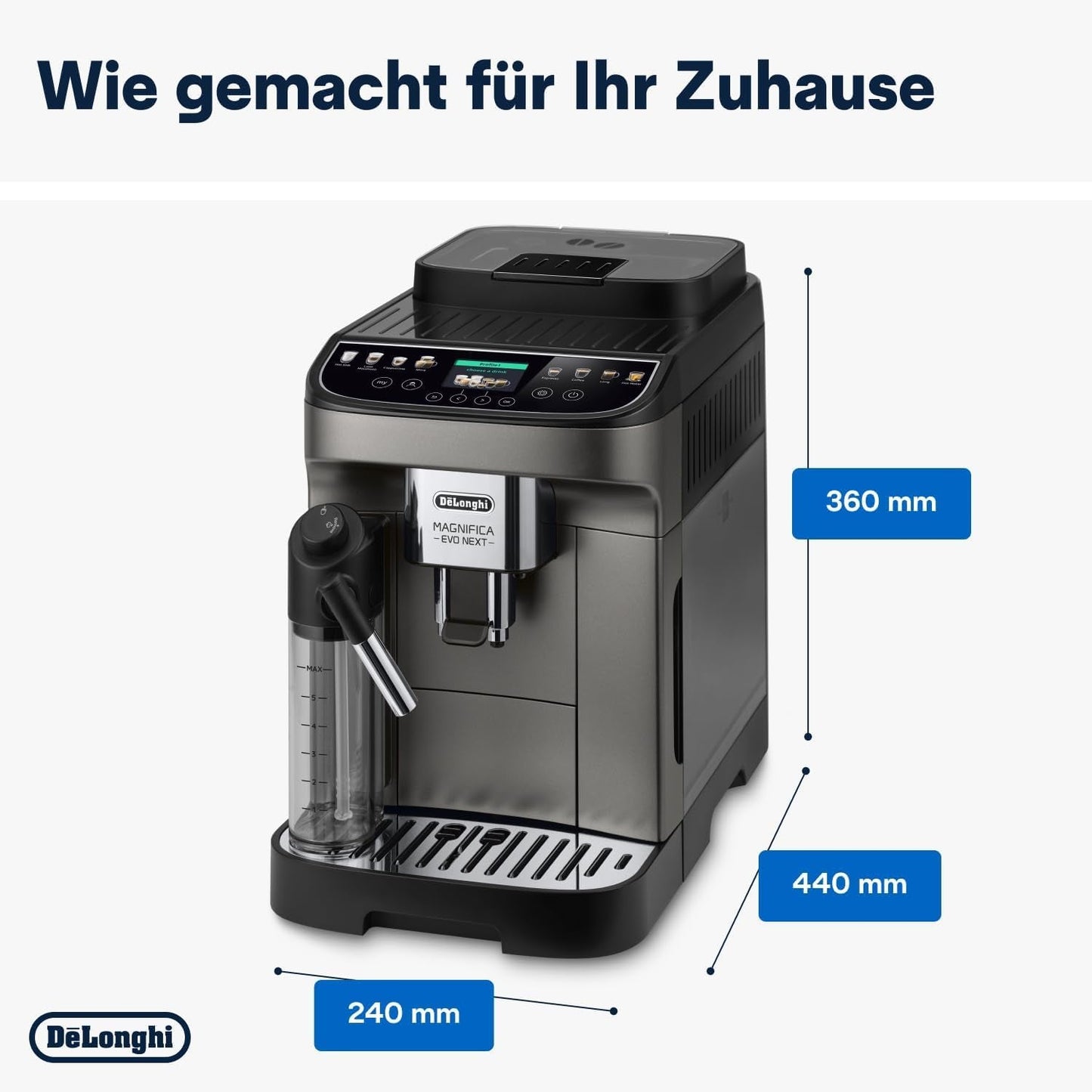 De'Longhi Magnifica Evo Next - Perfetto Espressore completamente automatico con montalatte LatteCrema, 13 bevande one-touch, macchina per caffè e cappuccino, touch screen a colori, titanio (ECAM312.80.TB)